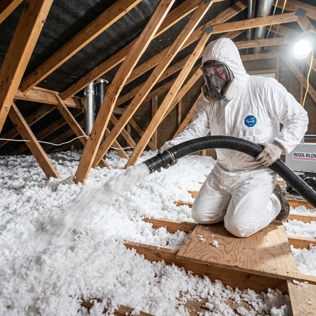 Soufflage de laine isolante dans les combles d'un pavillon