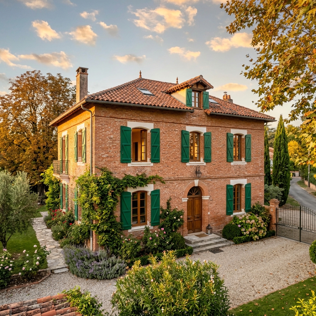 Maison Toulousaine typique en briques roses et toiture en tuile canal