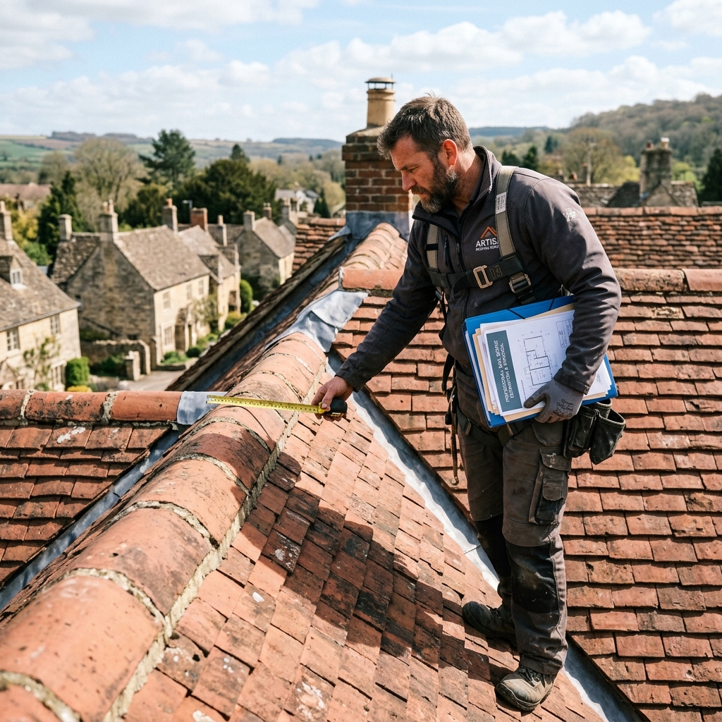 Artisan couvreur mesurant une toiture pour établir un devis gratuit